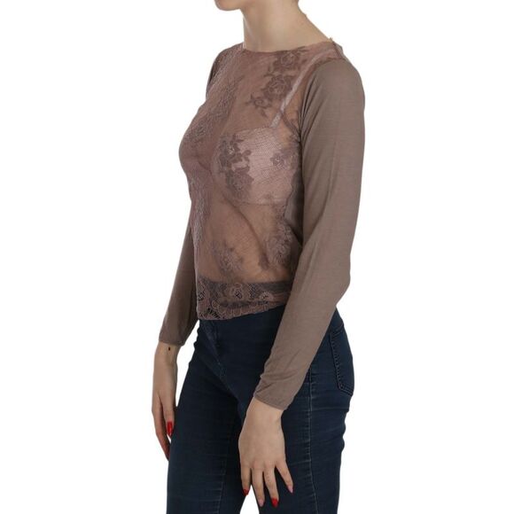 PINK MEMORIES Lace Overlay Long Sleeve Top Women Brown Tops & T-Shirts - Picture 3 of 5